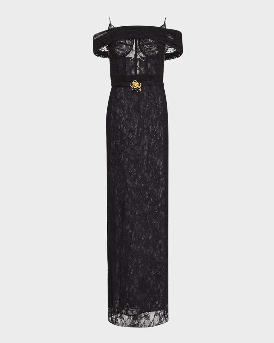 Lace Cold-Shoulder Belted Column Gown